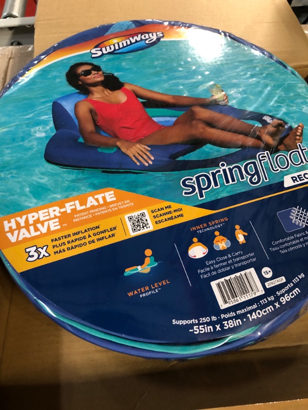 Photo 1 of SwimWays Spring Float Recliner Pool Lounger with Hyper-Flate Valve, Inflatable Pool Float, Blue Blue Recliner