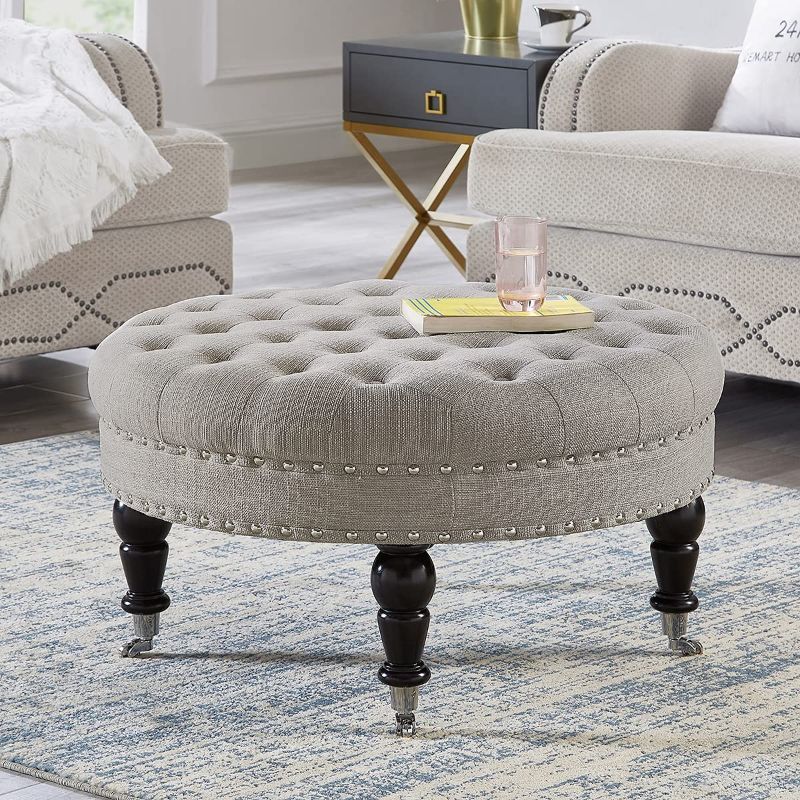 Photo 1 of 24KF Large Round Upholstered Tufted Button Velvet Ottoman Coffee Table,