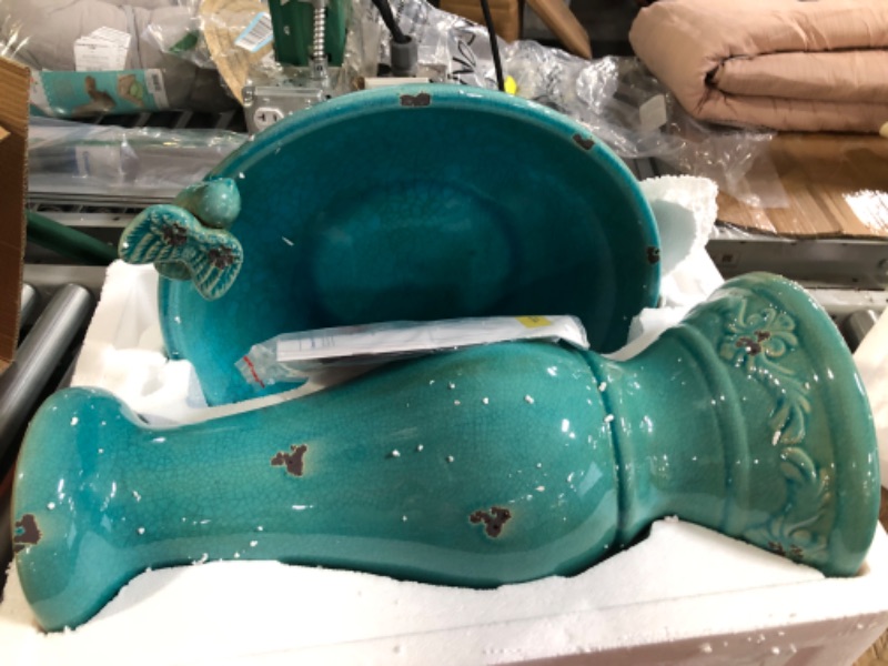 Photo 2 of *CHIPPED/ MISSING A BIRD* Alpine Corporation TLR102TUR Alpine Pedestal Bath with 2 Figurines-Turquoise Antique Ceramic Birdbath with Birds, 24 Inch Tall, 19" L x 16" W x 25" H