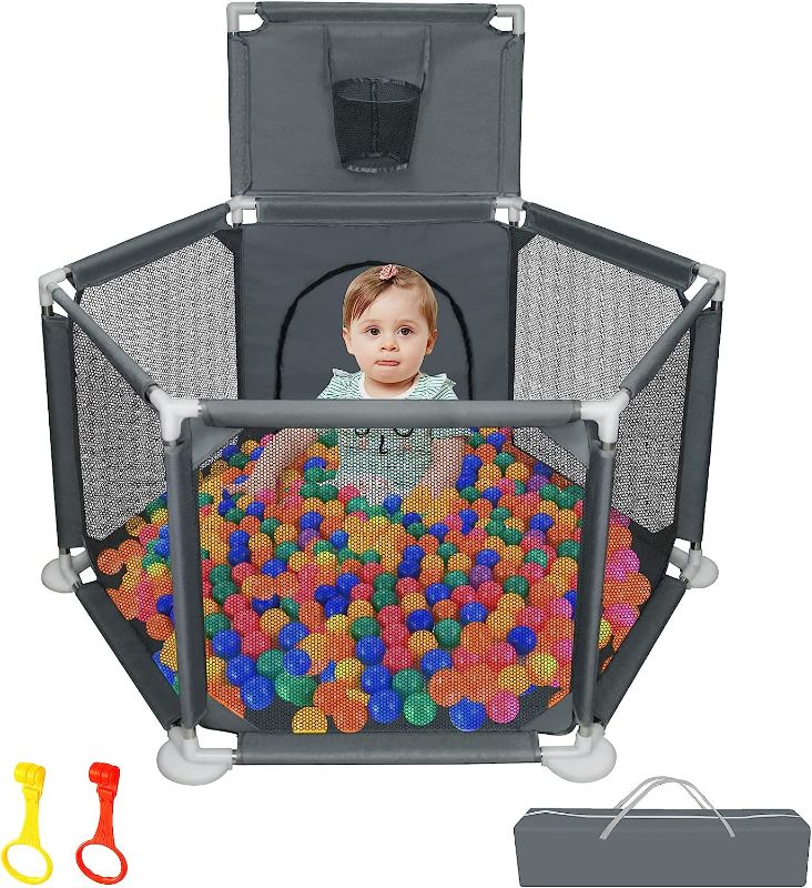 Photo 1 of Ball Pit for Babies and Toddlers, Portable Ball Pit with Gate for Indoor & Outdoor Playpen with Breathable Mesh, Anti-Slip Base, Infant Playard with Basketball Hoop, BLUE(Not Includes Balls)
