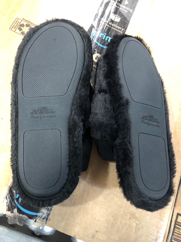 Photo 3 of *USED - LOOKS NEW* Dearfoams Women's Luna faux faux fur Slide with Elastic Strap Slipper, Large 9-10, Black