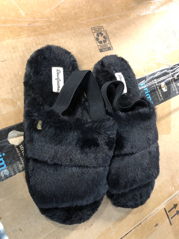 Photo 4 of *USED - LOOKS NEW* Dearfoams Women's Luna faux faux fur Slide with Elastic Strap Slipper, Large 9-10, Black