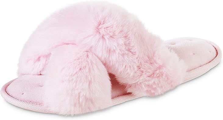 Photo 1 of *USED* isotoner Women's Fuzzy Slipper, Cozy Open Toe Flip-Flop with a Furry Cross Band and Plush Fluffy Terry Cushion, Size: 7.5-8