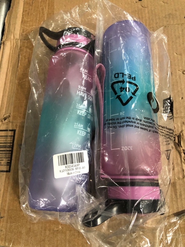 Photo 2 of (2 Pack) PASER Motivational Water Bottle 32 oz with Straw & Time Marker (with Bottle Brush and Straw Brush) Purple/Blue Gradient