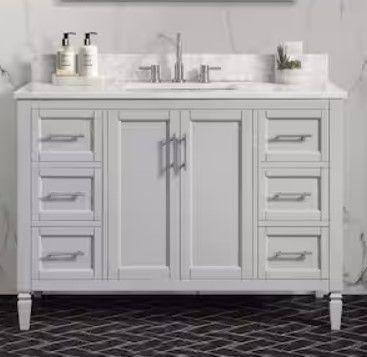 Photo 1 of **CORNER DAMAGE**
Stockham 49 in. W x 22 in. D Bath Vanity in Chilled Gray with Marble Vanity Top in Carrara White with White Basin
