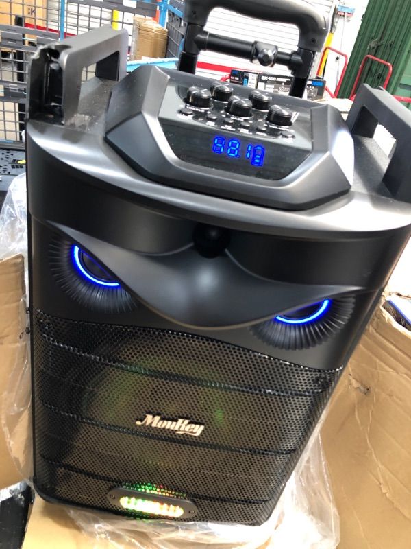 Photo 2 of Moukey Karaoke Machine, PA System Subwoofer, Portable Bluetooth Speaker w/ 2 Wireless Microphones, Lyrics Display Holder, Party Lights & Echo/Treble/Bass Adjustment, Support TWS/REC/AUX/MP3/USB/TF/FM 10" Subwoofer