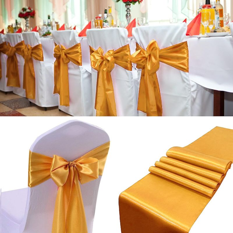 Photo 1 of 100 PCS Satin Chair Sashes Decorative Bows Satin Chair Sashes Ties Chair Ribbon Bows Chair Cover Band for Wedding Party Ceremony Reception Events Banquet Decoration Decoration (7 x 108inch, Gold) See note at bottom