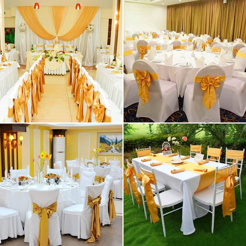 Photo 1 of 100 PCS Satin Chair Sashes Decorative Bows Satin Chair Sashes Ties Chair Ribbon Bows Chair Cover Band for Wedding Party Ceremony Reception Events Banquet Decoration Decoration (7 x 108inch, Gold) See note at bottom