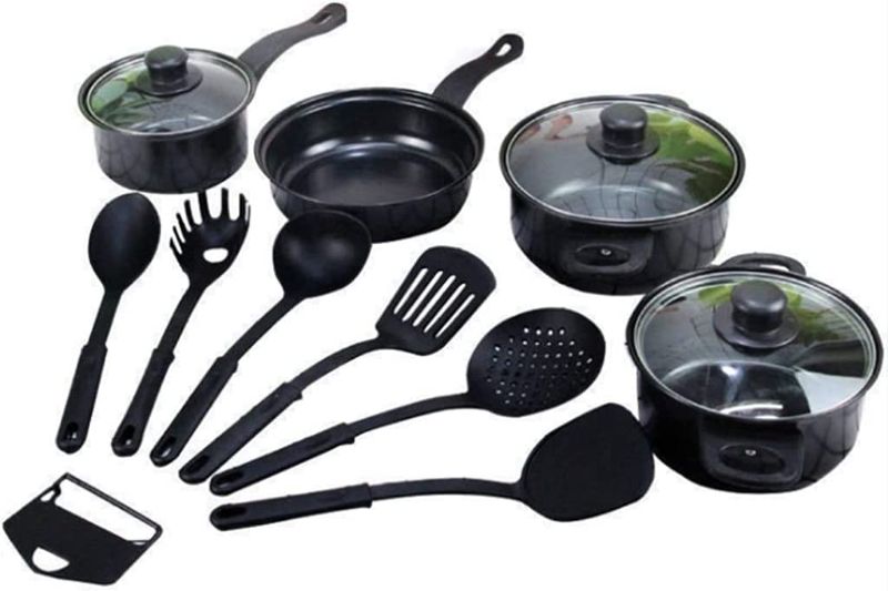 Photo 1 of ***DAMAGED***13 Pieces Cooking Accessories Multiple Size Iron Pots and Pan with Glass Lids and Utensil Sets
