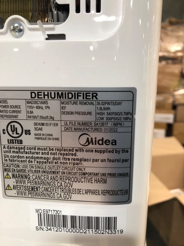 Photo 5 of **SEE NOTES**Midea 1,500 Sq. Ft. Energy Star Certified Dehumidifier 