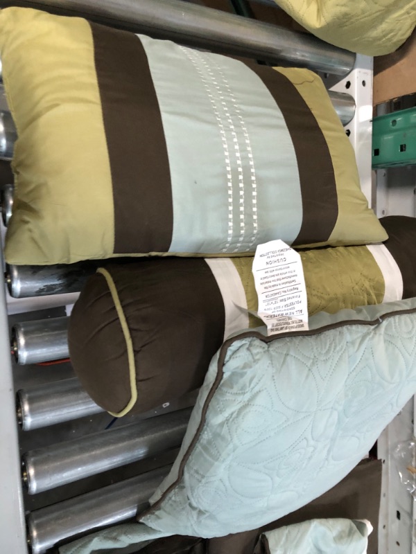 Photo 1 of Chezmoi Collection 7-Piece Quilted Patchwork Comforter Set, Coffee Brown/Aqua Blue/Sage Green, California King 
