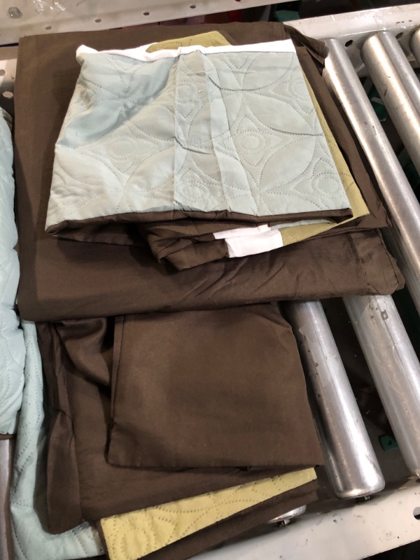 Photo 1 of Chezmoi Collection 7-Piece Quilted Patchwork Comforter Set, Coffee Brown/Aqua Blue/Sage Green, California King 