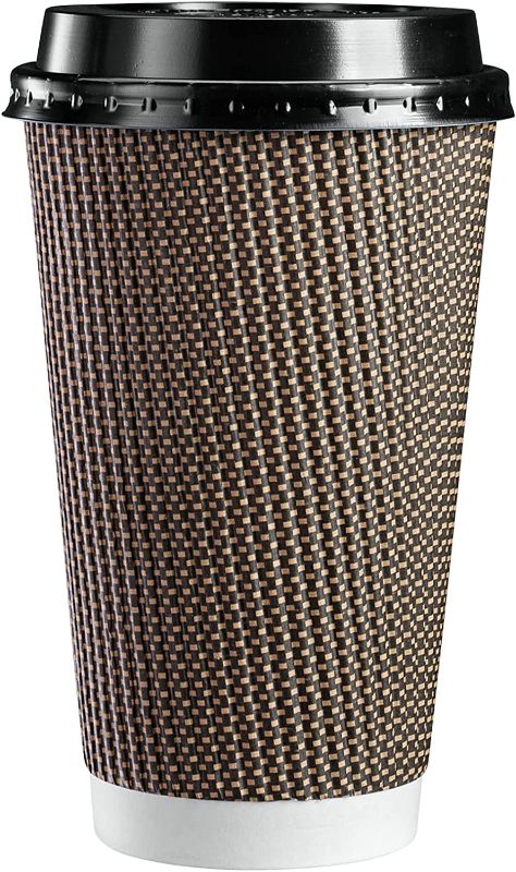 Photo 1 of [40 Sets - 12 oz.] Insulated Brown Patterned Ripple Paper Hot Coffee Cups With Lids (Lids Color May Vary)
