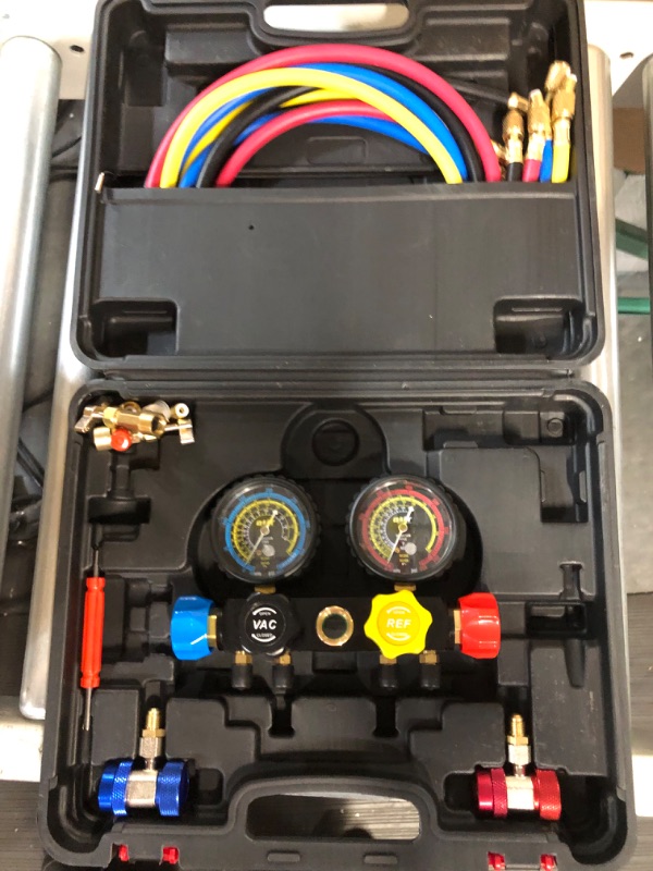 Photo 2 of Orion Motor Tech AC Vacuum Pump and Gauge Set, 4.5 cfm HVAC Vacuum Pump and 4 Way AC Gauges for R134a R410a R22 Refrigerants, with Leak Detector, Puncture and Self-Sealing Can Taps Quick Couplers