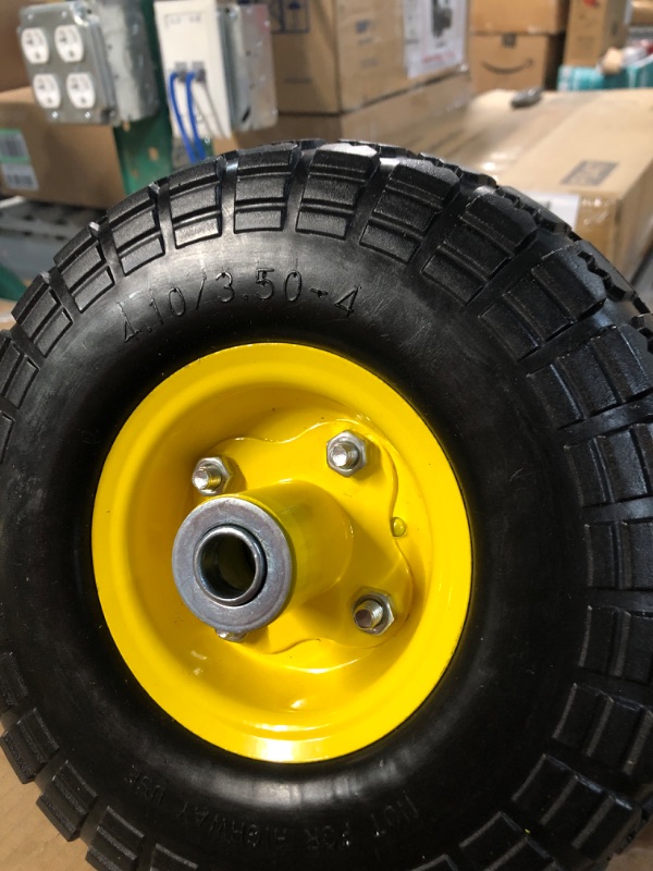 Photo 3 of 3 pack 10-Inch Solid Rubber Tires and Yellow Wheels-Replacement 4.10/3.50-4”Tires and Wheels with 5/8” Axle Bore Hole, 2.17”Offset Hub, and Double Sealed Bearings-Perfect for Gorilla Carts…