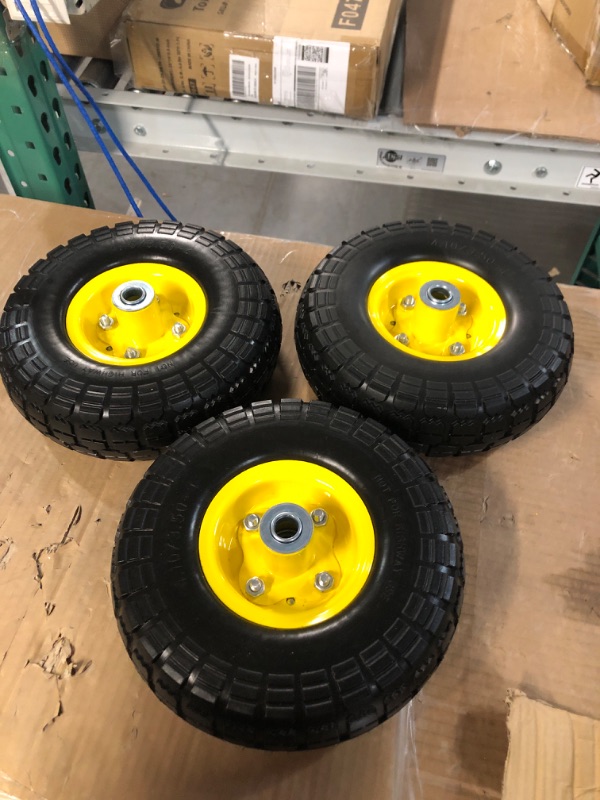 Photo 2 of 3 pack 10-Inch Solid Rubber Tires and Yellow Wheels-Replacement 4.10/3.50-4”Tires and Wheels with 5/8” Axle Bore Hole, 2.17”Offset Hub, and Double Sealed Bearings-Perfect for Gorilla Carts…