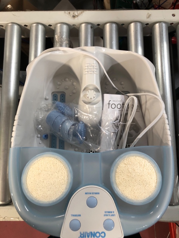 Photo 1 of Conair Waterfall Pedicure Foot Spa Bath with Blue LED Lights, Massaging Bubbles and Massage Rollers, Blue/White Waterfall + Massage Bubbles and Rollers Blue / White