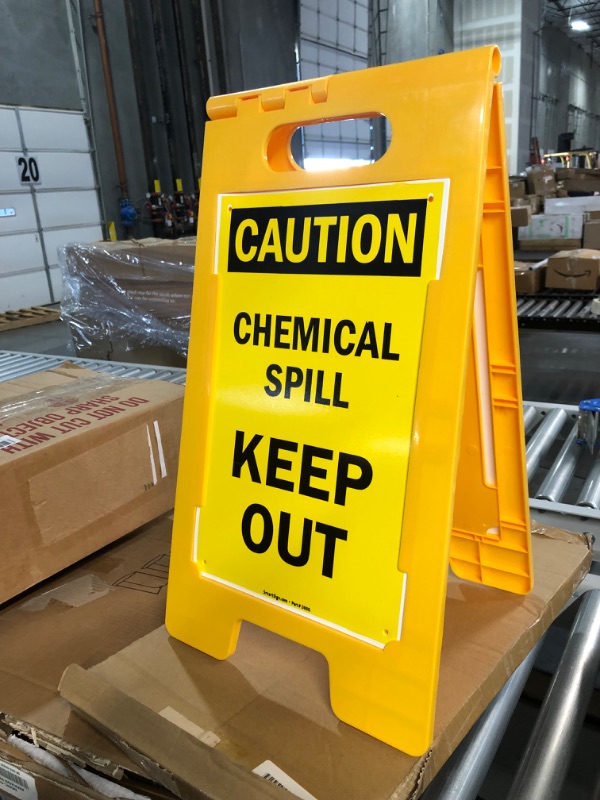 Photo 3 of SmartSign Folding Floor Sign, Legend "Caution Chemical Spill Keep Out", 25" high x 12" wide, Black on Yellow 