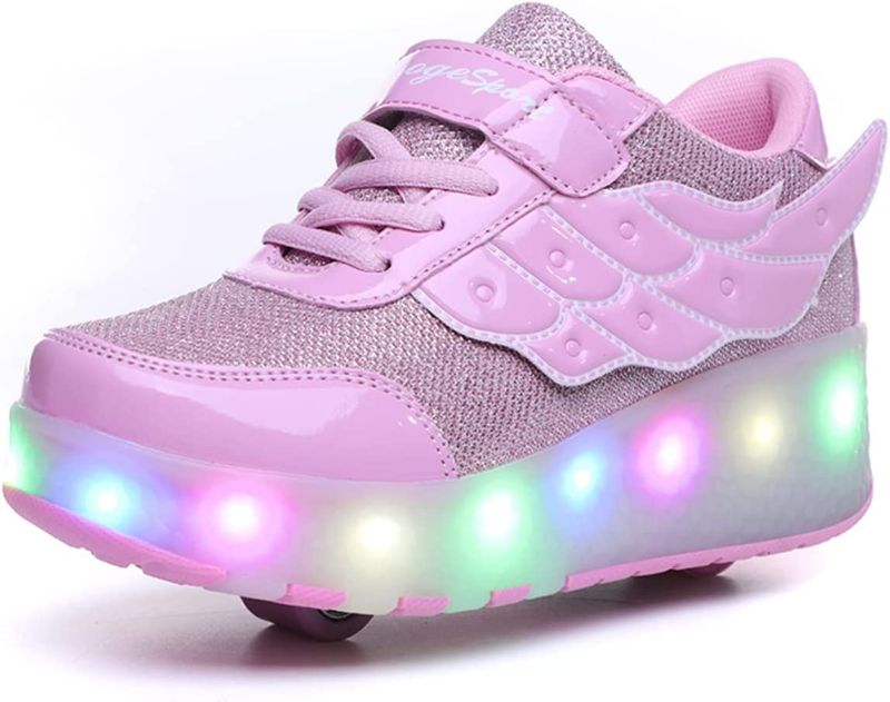 Photo 1 of Roller Shoes Colorful LED Lights Children Light Up Roller Skate Shoes Fashion Sneakers for Girls Boys Skateboarding USB Rechargeable Shoes for Kids Youth Boys Girls,33,Pink
