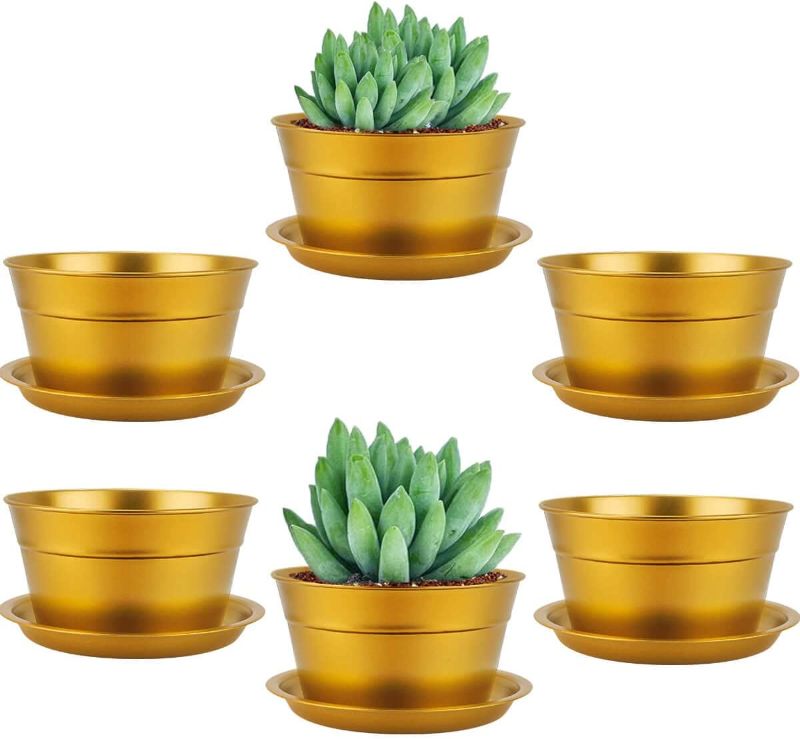 Photo 1 of [See Notes] 6 Inch Gold Shallow Small Metal Plant Pots with Saucer 2 Pack