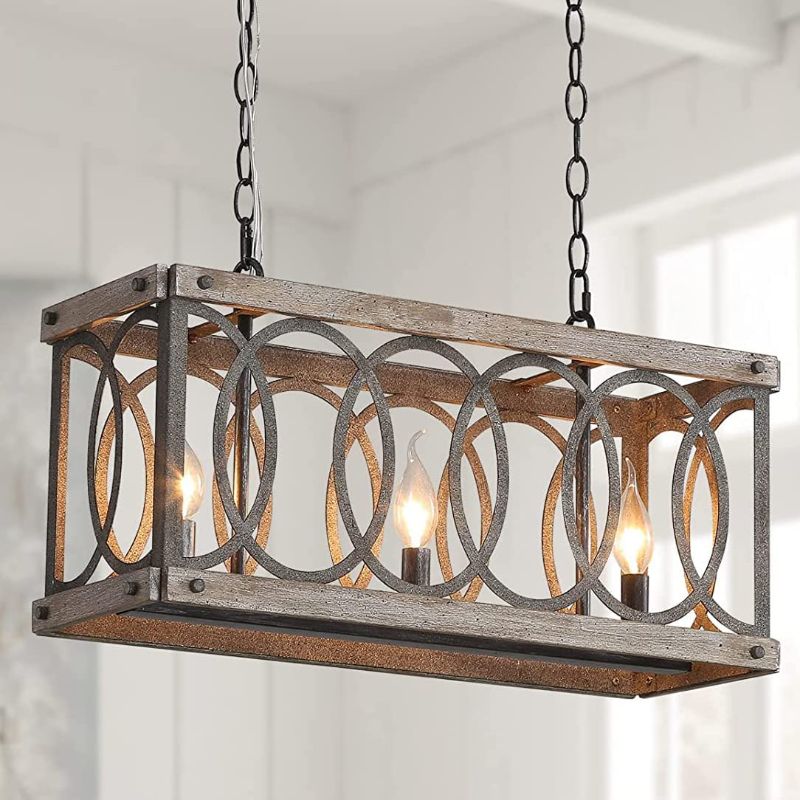 Photo 1 of [See notes] PHILOMENA Farmhouse Chandelier Kitchen Island Rectangular Wood & Metal Linear Pendant Light, 3-Light Rustic Bronze Black