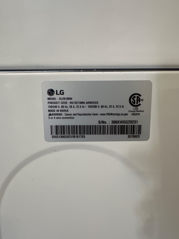 Photo 3 of ***MISSING POWER CORD - UNTESTED***
LG 7.3 cu. ft. Ultra Large Capacity Rear Control Electric Energy Star Dryer with Sensor Dry Technology