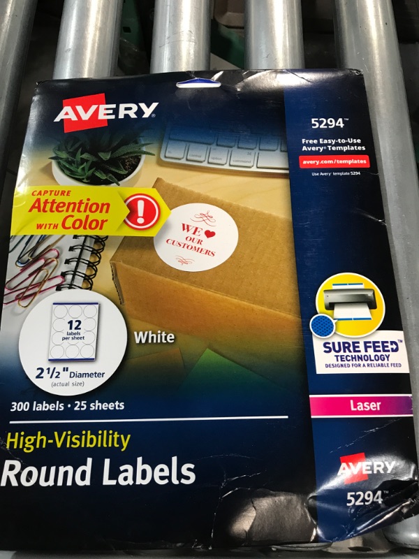 Photo 2 of Avery High Visibility Printable Round Labels with Sure Feed, 2.5" Diameter, White, 300 Customizable Blank Labels 