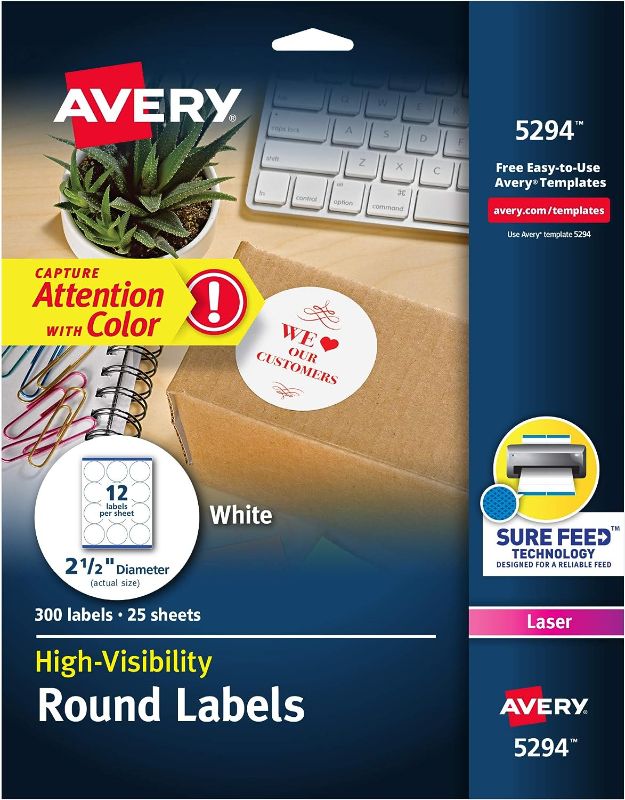 Photo 1 of Avery High Visibility Printable Round Labels with Sure Feed, 2.5" Diameter, White, 300 Customizable Blank Labels 