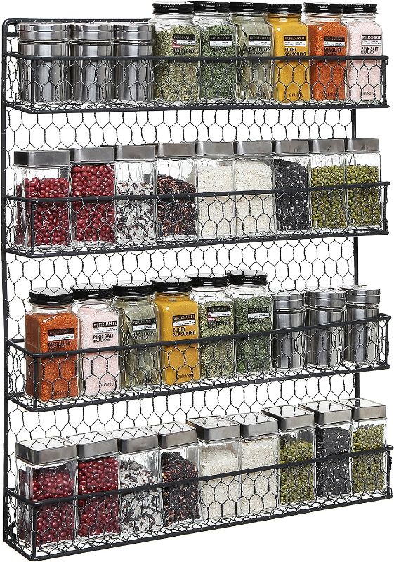 Photo 1 of MyGift 4-Tier Black Chicken Wire Spice Rack Wall Mount Organizer, Pantry Seasoning Jars and Condiment Storage Shelves