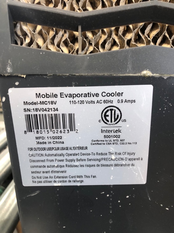 Photo 4 of * powers on * 
Hessaire MC18V Portable Evaporative Cooler, Green, 1300 CFM, Cools 500 Square Feet