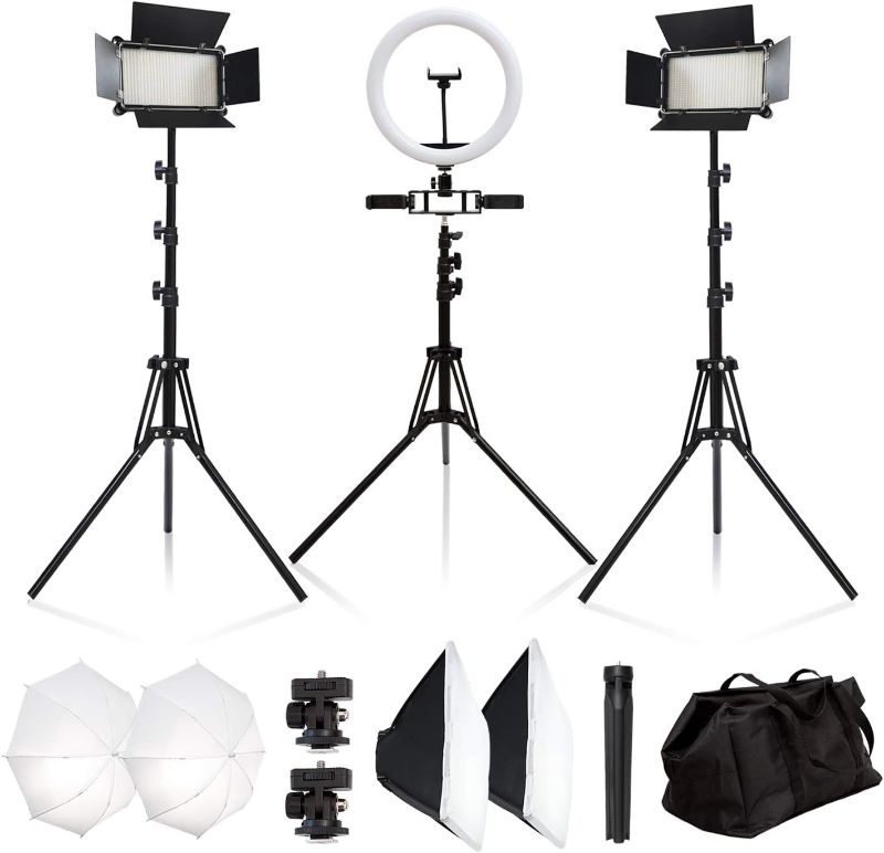 Photo 1 of 2 Packs LED Video Light Photography Lighting Kit Softbox Lighting Kit with Umbrella Diffuser 3500-5500K Roftbox Kit with Ring Light