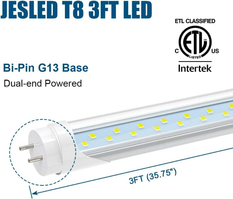 Photo 1 of (2x) JESLED T8 LED Type B Tube Light 3FT, 2520LM, 18W(45W Equivalent), 6000K Super Bright, 36 Inch F30T12 Fluorescent Bulb Replacement, Dual Ended Power, Remove Ballast, 36” Lighting Tube Fixture 