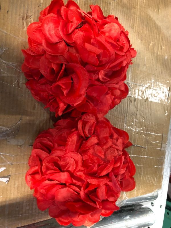 Photo 2 of (2x) Alabohuke 9 Inch Artificial Satin Flower Ball Romatic Wedding Flower Balls Kissing Balls Bouquet (Wine Red) 