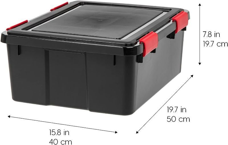 Photo 1 of (2x) IRIS USA 30.6 Quart WEATHERPRO Plastic Storage Box with Durable Lid and Seal and Secure Latching Buckles, Weathertight, Black with Red Buckles