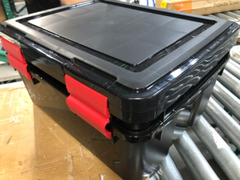 Photo 2 of (2x) IRIS USA 30.6 Quart WEATHERPRO Plastic Storage Box with Durable Lid and Seal and Secure Latching Buckles, Weathertight, Black with Red Buckles