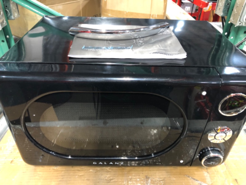 Photo 1 of **HANDLE BROKEN, SEE PHOTO** Galanz GLCMKA07BKR-07 Microwave Oven, LED Lighting, Pull Handle Design, Child Lock, Retro Black, 0.7 cu ft Black .7 cu ft Classic