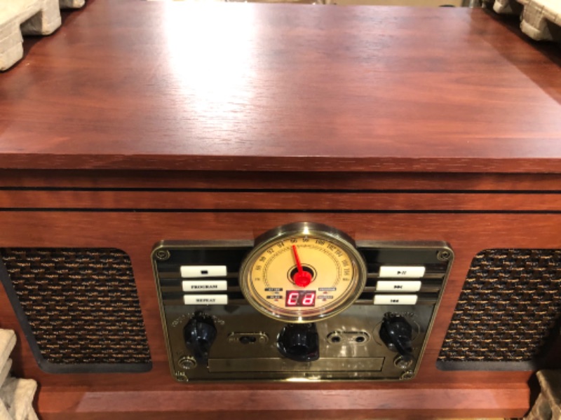 Photo 2 of **USED BUT APPEARS NEW** Victrola Nostalgic 6-in-1 Bluetooth Record Player & Multimedia Center with Built-in Speakers - 3-Speed Turntable, CD & Cassette Player, FM Radio | Wireless Music Streaming | Mahogany Mahogany Entertainment Center