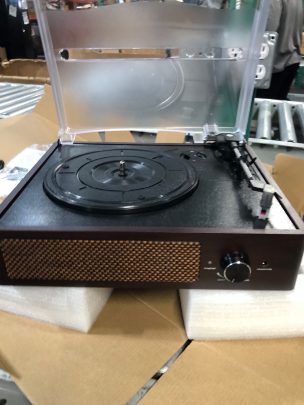 Photo 1 of Vinyl Record Player Turntable with Built-in Bluetooth Receiver & 2 Stereo Speakers, 3 Speed 3 Size Portable Retro Record Player for Entertainment and Home Decoration Brown