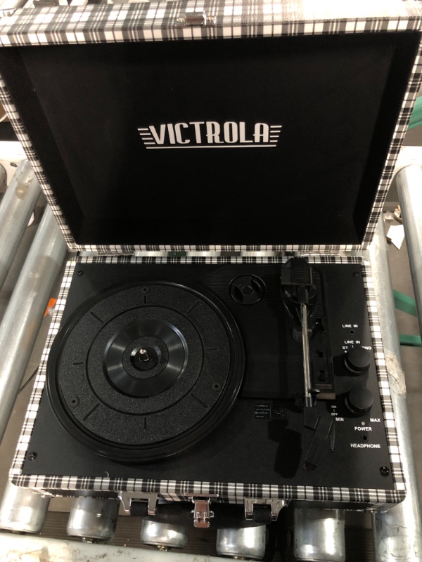 Photo 3 of Victrola Vintage 3-Speed Bluetooth Portable Suitcase Record Player with Built-in Speakers | Upgraded Turntable Audio Sound | Black & White