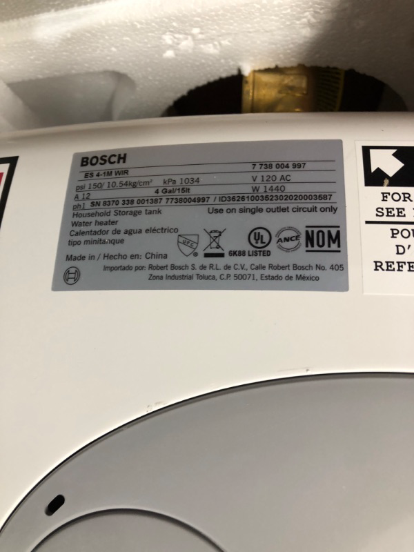 Photo 3 of **FOR PARTS**Bosch Electric Mini-Tank Water Heater Tronic 3000 T 4-Gallon (ES4) - Eliminate Time for Hot Water - Shelf, Wall or Floor Mounted 4 Gallon