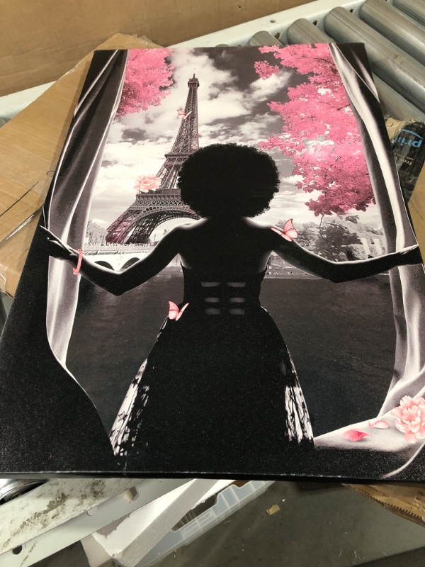 Photo 2 of African American Wall Art Black Girl Pink Flowers Canvas Prints Modern Black and White