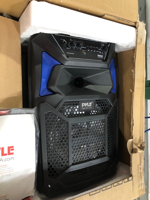 Photo 2 of Portable Bluetooth PA Speaker System - 400W Outdoor Bluetooth Speaker Portable PA System w/Microphone in, Party Lights, MP3/USB SD Card Reader, FM Radio, Rolling Wheels - Mic, Remote - Pyle PPHP82SM