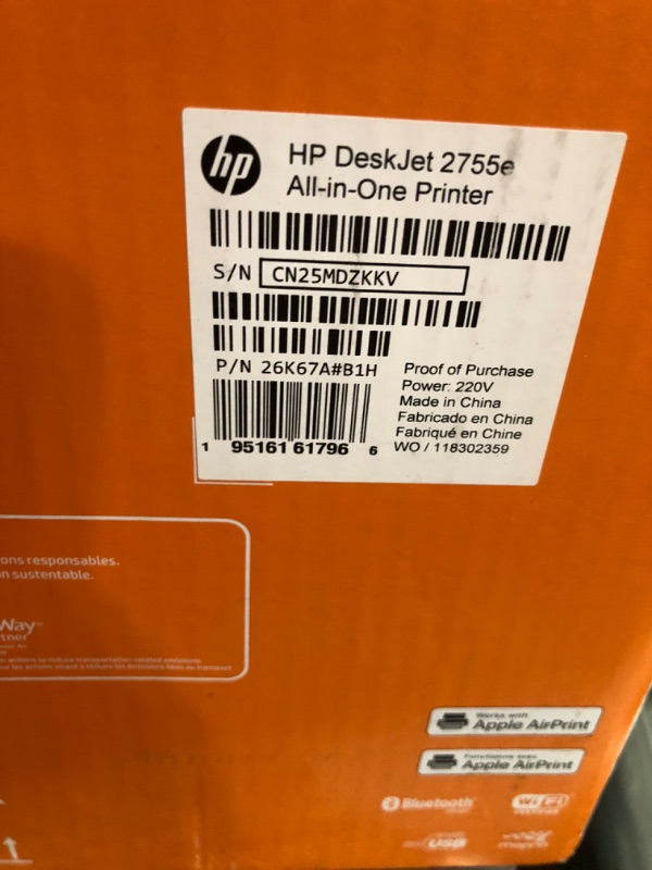 Photo 1 of HP DeskJet 2755e Wireless Color All-in-One Printer with bonus 6 months Instant Ink (26K67A), white