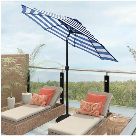 Photo 1 of Abble 9 ft. Steel Crank and Tilt Stripe Market Patio Umbrella in Blue and White