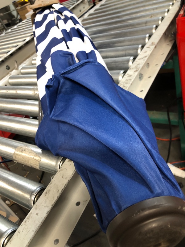 Photo 2 of Abble 9 ft. Steel Crank and Tilt Stripe Market Patio Umbrella in Blue and White