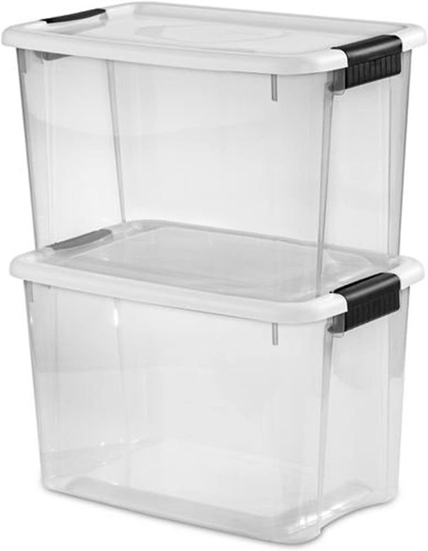 Photo 1 of (2x) Sterilite 19859806, 30 Quart/28 Liter Ultra Latch Box, Clear with a White Lid and Black Latches