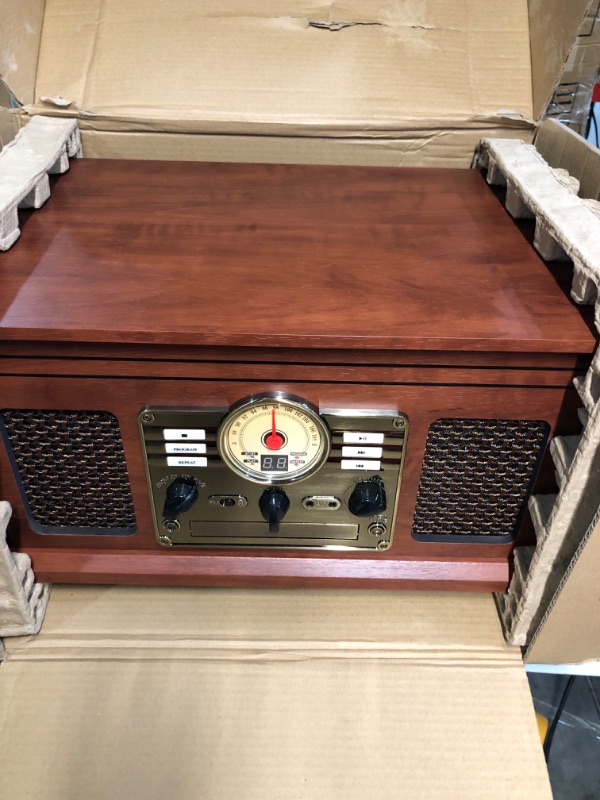 Photo 2 of Victrola Nostalgic 6-in-1 Bluetooth Record Player & Multimedia Center with Built-in Speakers - 3-Speed Turntable, CD & Cassette Player, FM Radio | Wireless Music Streaming | Mahogany Mahogany Entertainment Center