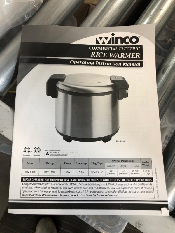 Photo 3 of [small dent] Winco Commercial-Grade Electric Rice Cooker with Hinged Cover, 100 Cup