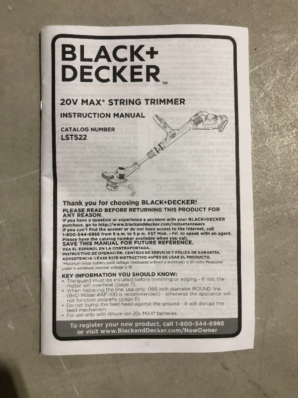 Photo 4 of ***MISSING PARTS - SEE NOTES***
BLACK+DECKER 20V MAX String Trimmer, 2-Speed, 12-Inch, Cordless (LST522) 20V