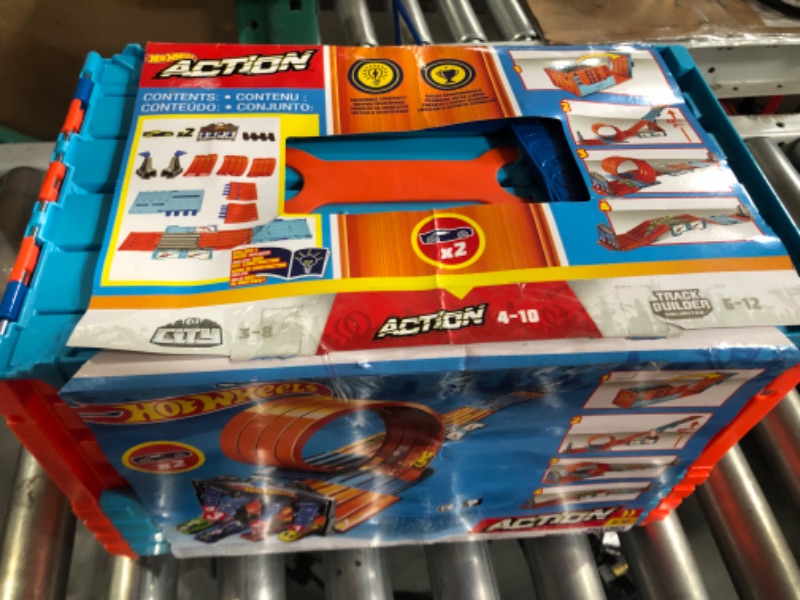 Photo 3 of ?€?Hot Wheels Race Crate with 3 Stunts in 1 Set Portable Storage Ages 6 to 10 [Amazon Exclusive] & Set Of 10 1:64 Scale Toy Trucks And Cars For Kids And Collectors (Styles May Vary) [Amazon Exclusive] 